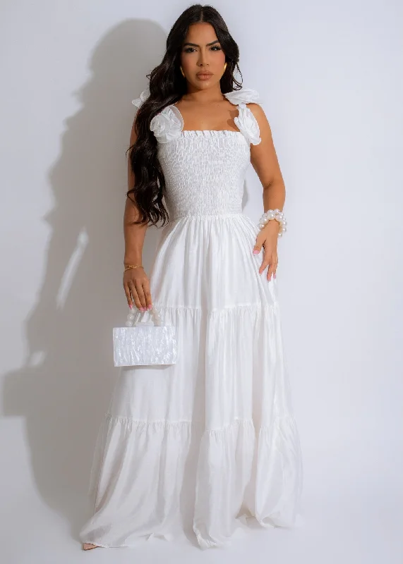 Enchanted Rose Maxi Dress White Cozy Spaghetti Strap Maxi Dress