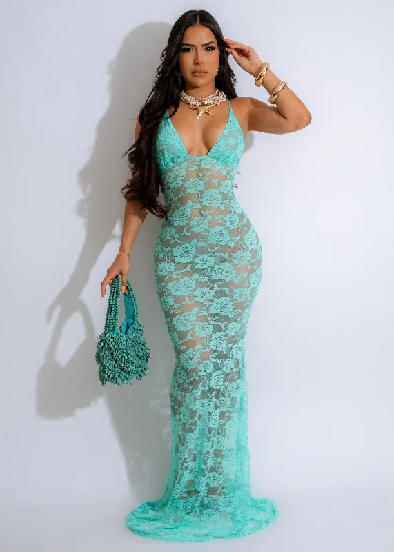 Ethereal Lace Enchantment Maxi Dress Green Cozy Maxi Dress with Slit