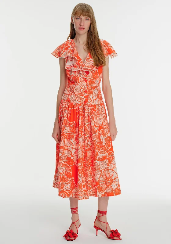 Exquise Ruffle Neck Floral Maxi Dress, Orange Comfortable Bohemian Maxi Dress