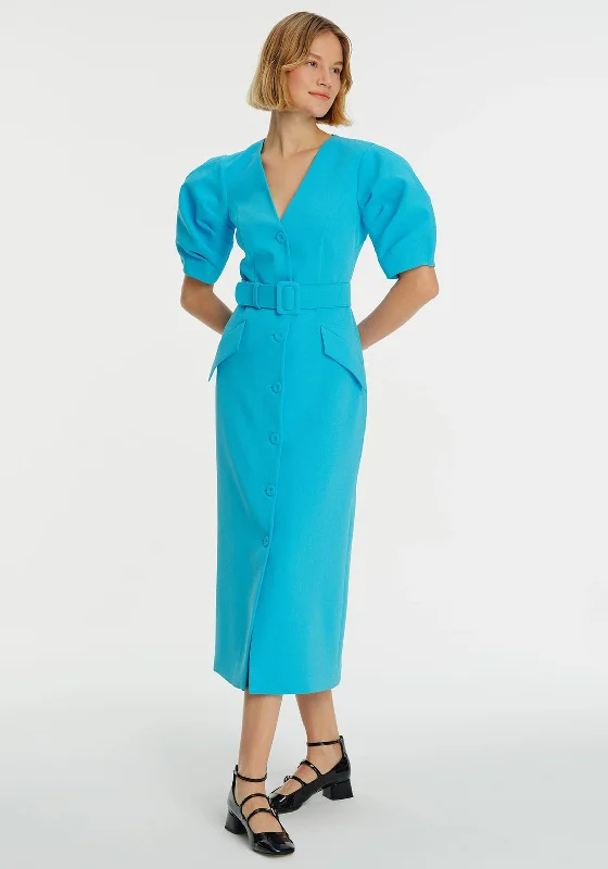 Exquise Belted Puff Sleeve Maxi Dress, Blue Comfortable Maxi Dress with Belt