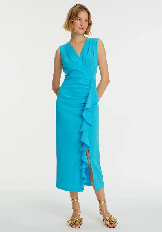 Exquise Ruffle Front Sleeveless Maxi Dress, Blue Classic Solid Maxi Dress