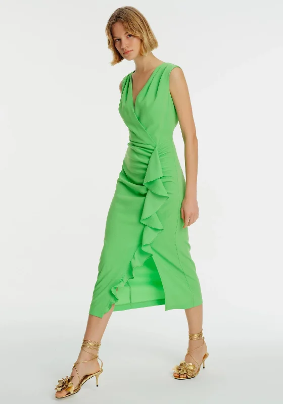 Exquise Ruffle Front Sleeveless Maxi Dress, Green Fashionable Halter Neck Maxi Dress