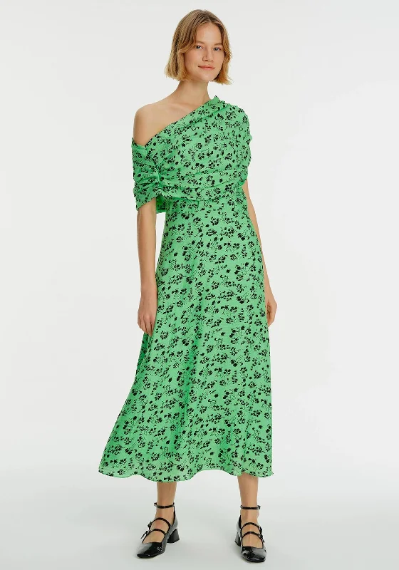 Exquise Floral Off Shoulder Maxi Dress, Green Fashionable High-Low Maxi Dress