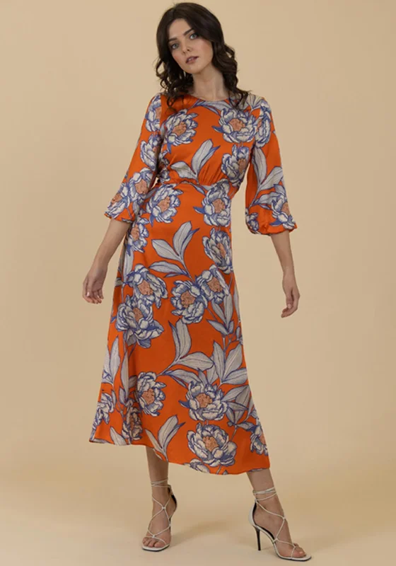 Fee G Floral Satin Maxi Dress, Orange Trendy Maxi Dress with Bow