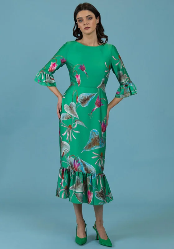 Fee G Satin Floral Maxi Dress, Green Fashionable Chiffon Tiered Maxi Dress