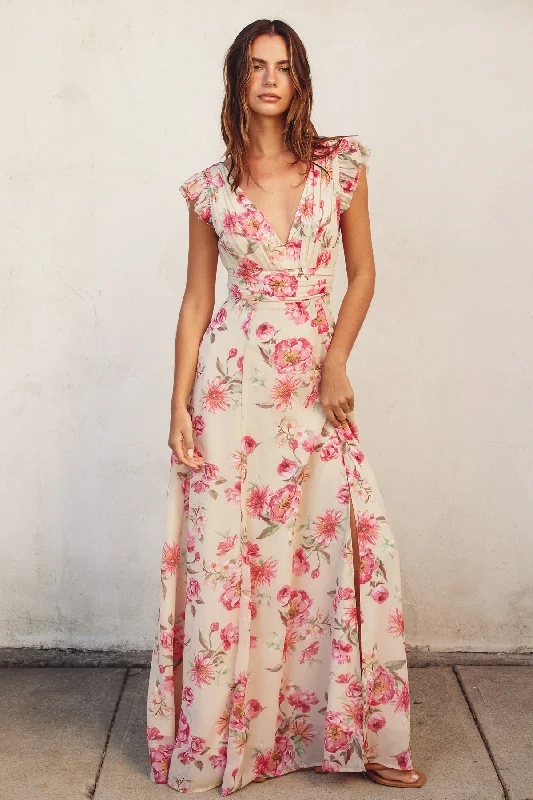 Ginny Floral Chiffon Maxi Dress Comfortable Ruffle Hem Maxi Dress