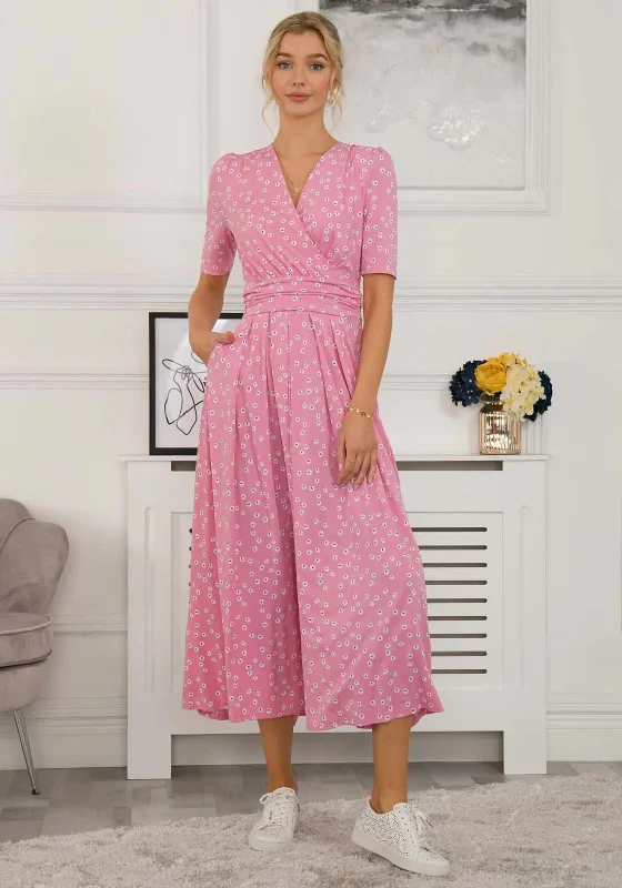 Jolie Moi Lyanna Spotty Maxi Dress, Dusty Pink Trendy Ruffled Maxi Dress