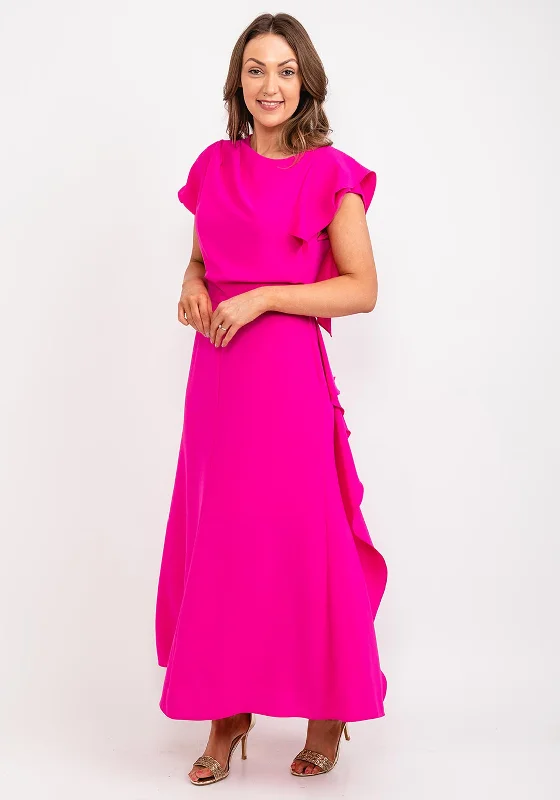 Kameya Ruffle Side Maxi Dress, Fuchsia Trendy Printed Maxi Dress