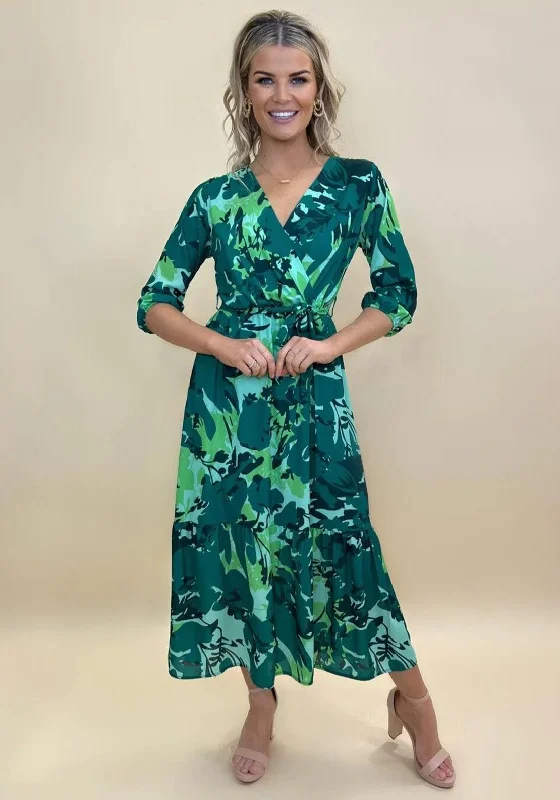 Kate & Pippa Boho Print Maxi Dress, Green Stylish Maxi Dress with Pleats