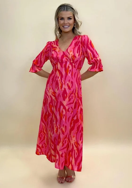 Kate & Pippa Streasa Print Maxi Dress, Red & Pink Fashionable Faux Wrap Maxi Dress