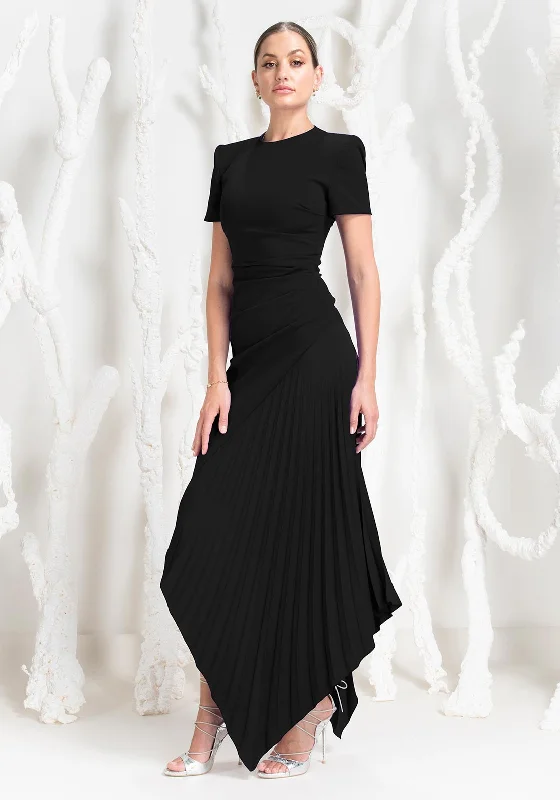 Kevan Jon Blaire Ruched Pleat Maxi Dress, Black Stylish Boho Maxi Dress