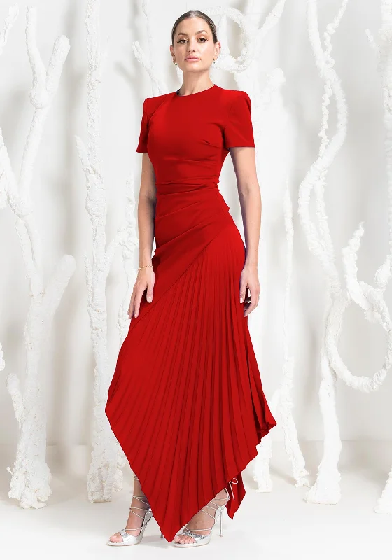 Kevan Jon Blaire Ruched Pleat Maxi Dress, Red Comfortable Maxi Dress with Sleeves