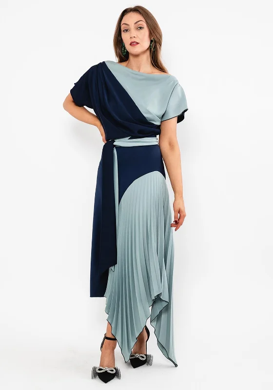 Kevan Jon Lucy Pleat Drape Maxi Dress, Navy & Duck Egg Elegant Maxi Dress with Belt