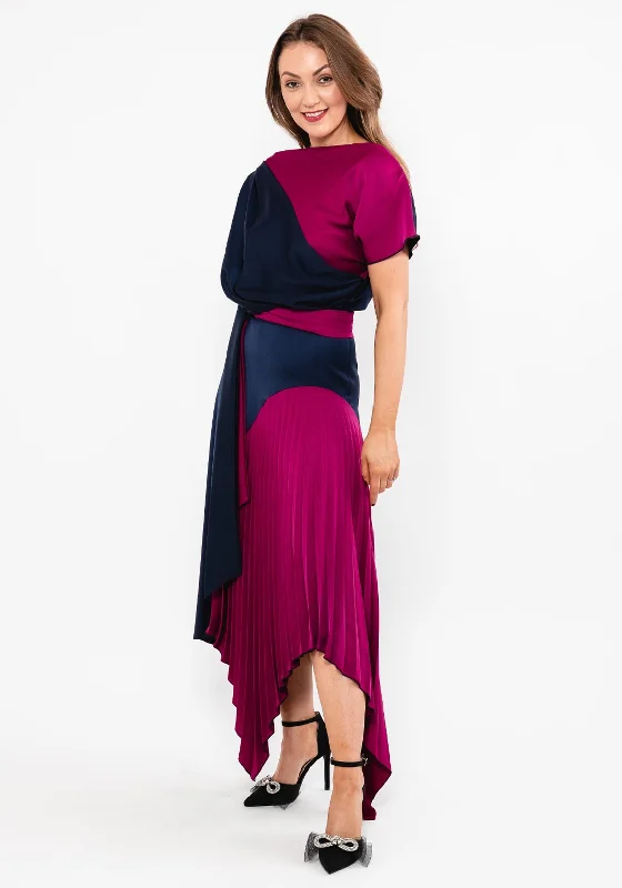 Kevan Jon Lucy Pleat Drape Maxi Dress, Navy & Mulberry Stylish Pleated A-Line Maxi Dress