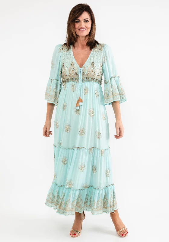 Seventy1 One Size Embellished Smock Maxi Dress, Duck Egg Comfortable Bohemian Maxi Dress