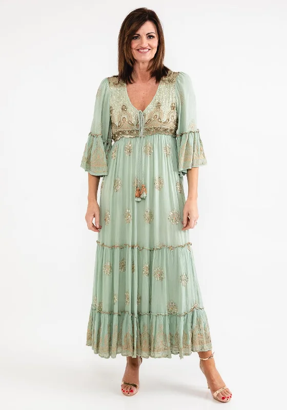 Seventy1 One Size Embellished Smock Maxi Dress, Green Elegant Lace Maxi Dress