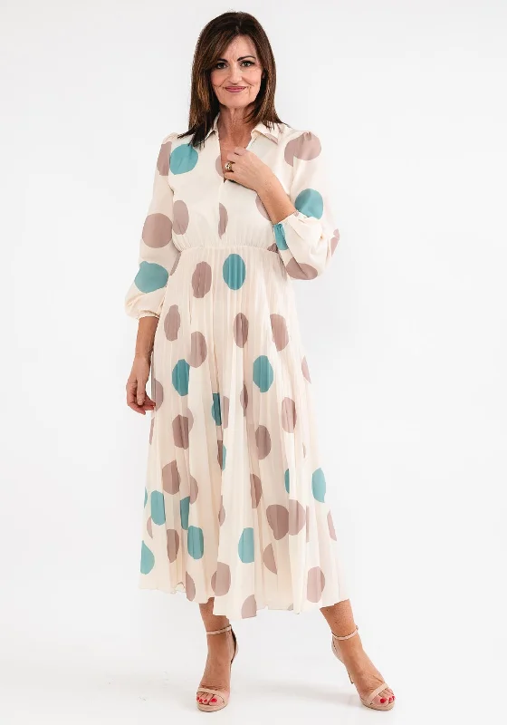 Seventy1 One Size Polka Dot Pleated Maxi Dress, Cream Trendy Floral Print Maxi Dress