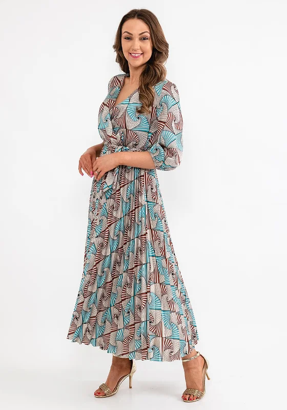 Seventy1 One Size Fan Print Pleated Maxi Dress, Teal Multi Trendy Fit-and-Flare Maxi Dress