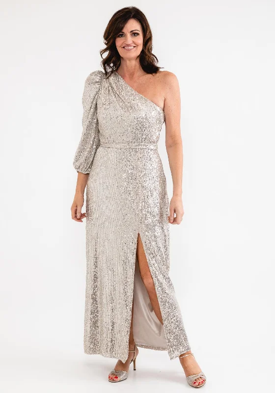 Laura Bernal One Shoulder Sequin Maxi Dress, Nude Trendy Short Sleeve Maxi Dress