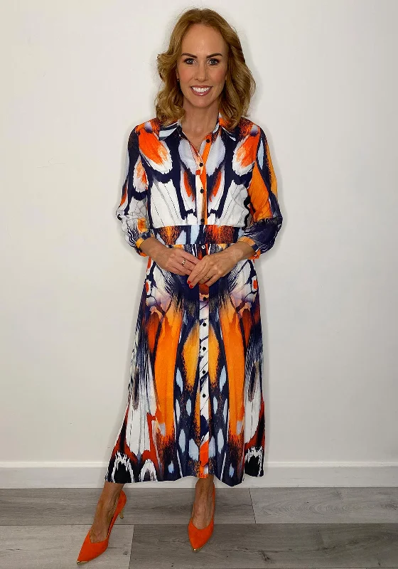 Lizabella Chiffon Print Shirt Maxi Dress, Orange & Navy Multi Fashionable Layered Maxi Dress