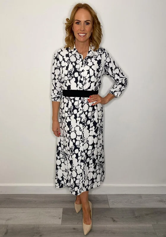 Lizabella Chiffon Splat Print Shirt Maxi Dress, Black & White Trendy V-Neck Maxi Dress