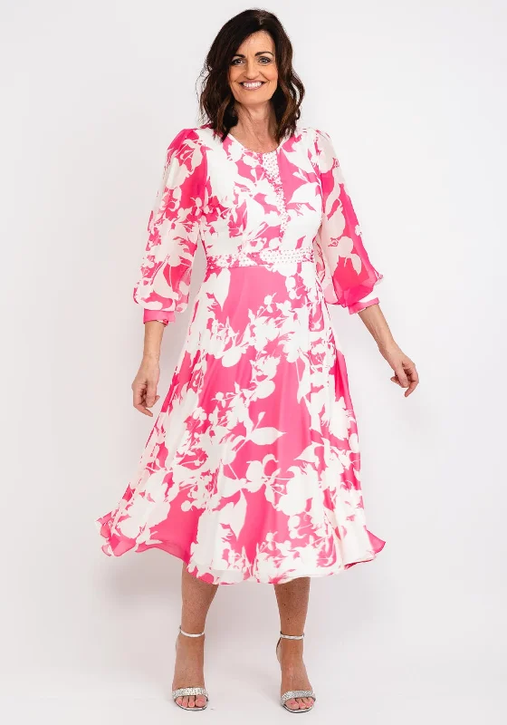 Lizabella Floral Chiffon Maxi Dress, Hot Pink & White Elegant Maxi Dress with Lace