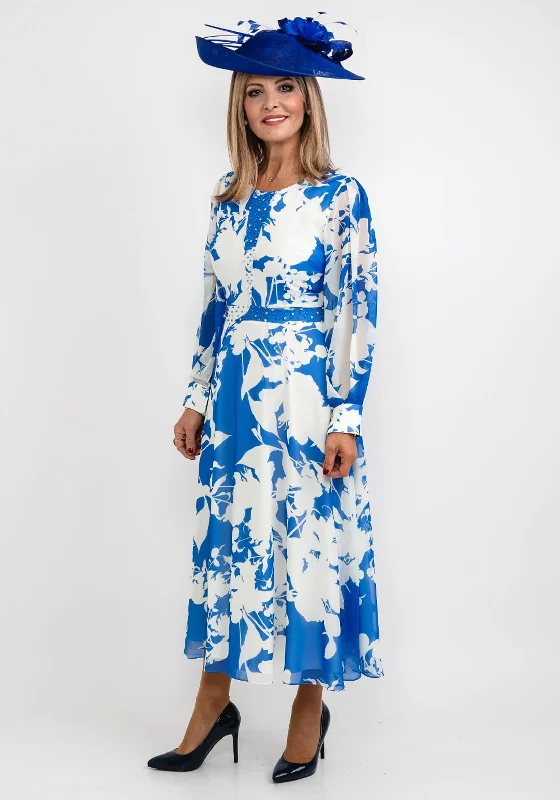 Lizabella Floral Chiffon Maxi Dress, Blue & White Stylish Off-Shoulder Maxi Dress