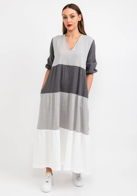 Naya Colour Block Smock Maxi Dress, Silver Stylish Long Sleeve Maxi Dress