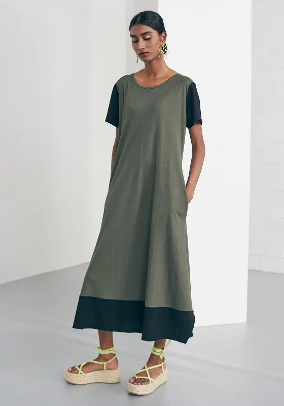 Naya Contrast Trim Smock Maxi Dress, Khaki & Black Fashionable Button-Down Maxi Dress