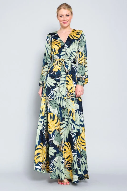 Palm Paradise Belted Maxi Dress Elegant Sleeveless Maxi Dress