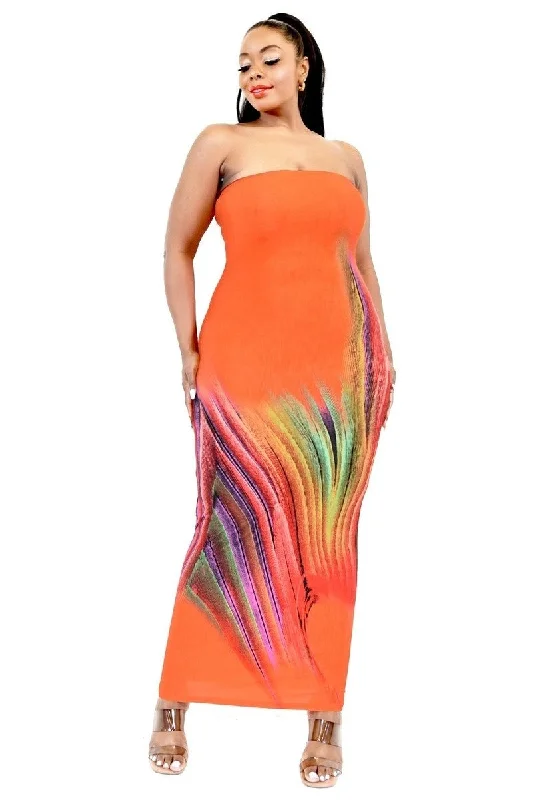 Plus Size Abstract Orange Maxi Dress Comfortable Maxi Dress with Belt