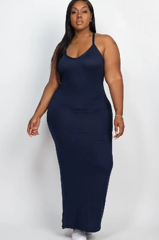 Plus Size Navy Blue Bodycon Maxi Dress Cozy Open-Back Maxi Dress