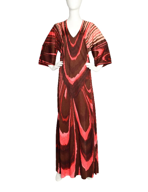 Roberta di Camerino Vintage 1978 Brown and Pink Faux Bois Trompe L'oeil Maxi Dress Chic Boho Print Maxi Dress