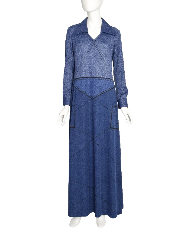 Roberta di Camerino Vintage Denim Look Trompe L'oeil Maxi Dress Elegant Floral Maxi Dress