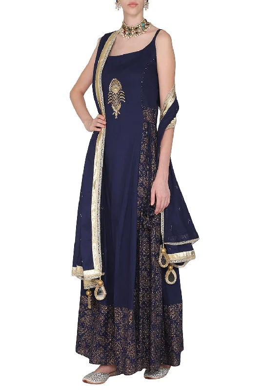 Block Printed Navy Blue Strappy Maxi Dress With Dupatta Trendy Fit-and-Flare Maxi Dress