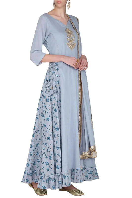 Maxi Dress Blue With Embroidered Dupatta Stylish Longline Maxi Dress