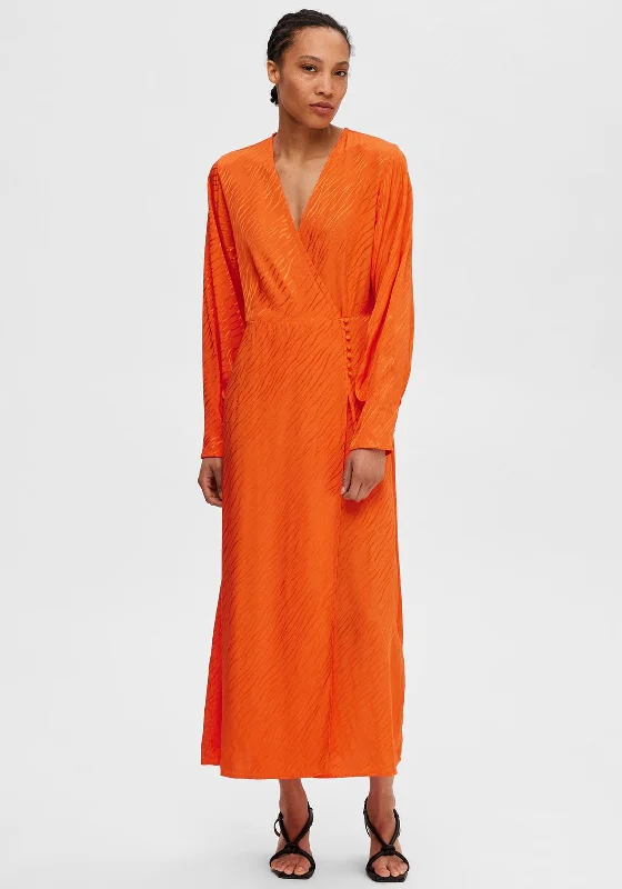 Selected Femme Abienne Satin Wrap Maxi Dress, Orangeade Trendy Fit-and-Flare Maxi Dress