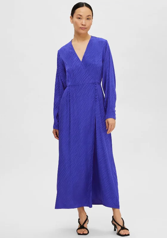 Selected Femme Abienne Satin Wrap Maxi Dress, Royal Blue Comfortable Maxi Dress with Slits