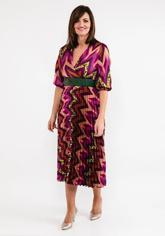 Seventy1 One Size Print Pleat Maxi Dress, Wine Multi Fashionable Faux Wrap Maxi Dress