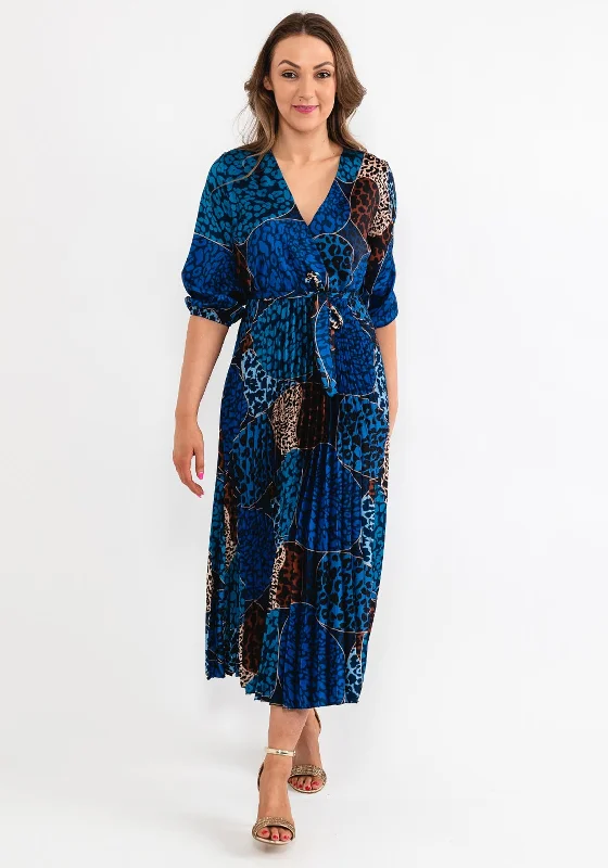 Seventy1 One Size Leopard Print Pleat Maxi Dress, Royal Blue Trendy Floral Print Maxi Dress