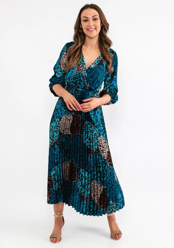 Seventy1 One Size Leopard Print Pleat Maxi Dress, Teal Fashionable High-Low Maxi Dress