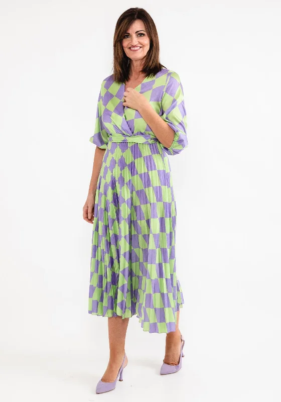 Seventy1 One Size Check Print Pleat Maxi Dress, Green & Lilac Fashionable Sheer Maxi Dress