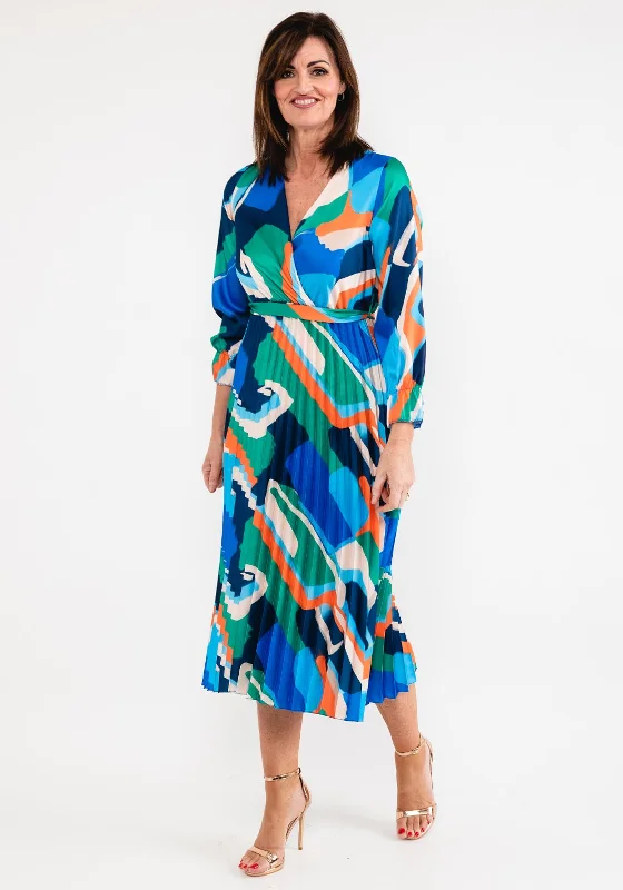 Seventy1 One Size Print Pleat Maxi Dress, Royal Blue Multi Elegant Pleated Maxi Dress