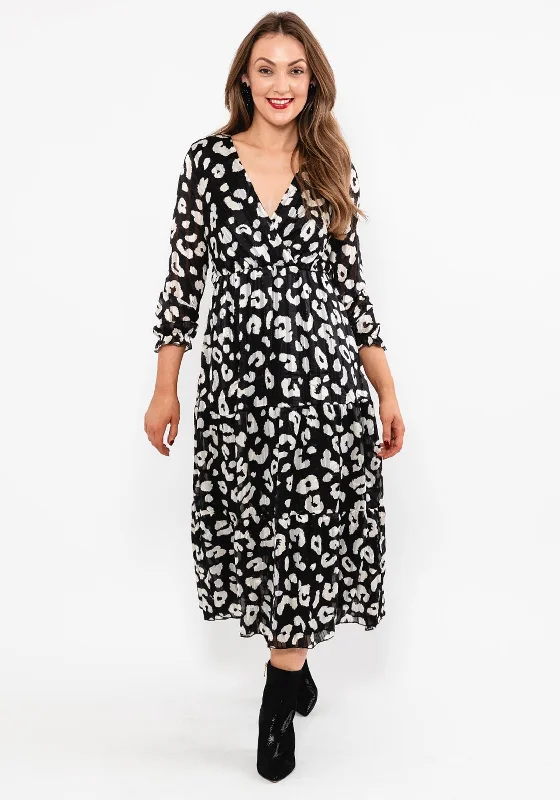 Seventy1 Print Tiered Maxi Dress, Black Elegant Maxi Dress with Slit