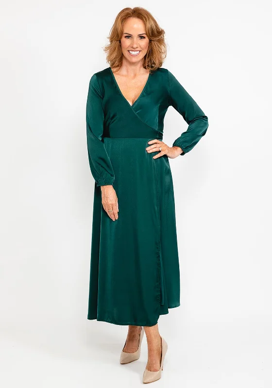 Seventy1 Satin Wrap Maxi Dress, Forest Green Comfortable Fit-and-Flare Maxi Dress