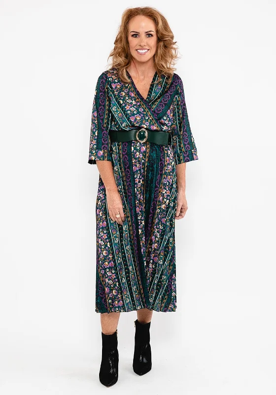 Seventy1 Multi Print Pleated Maxi Dress, Green Multi Trendy Maxi Dress with Belt