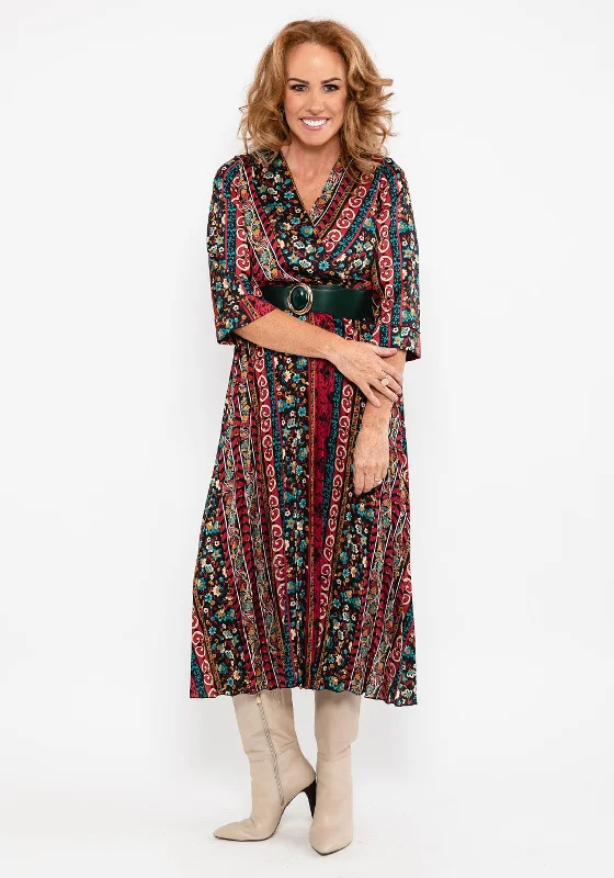 Seventy1 Multi Print Pleated Maxi Dress, Red Multi Fashionable Button-Down Maxi Dress