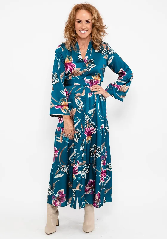 Seventy1 Kimono Style Maxi Dress, Petrol Fashionable Chiffon Maxi Dress