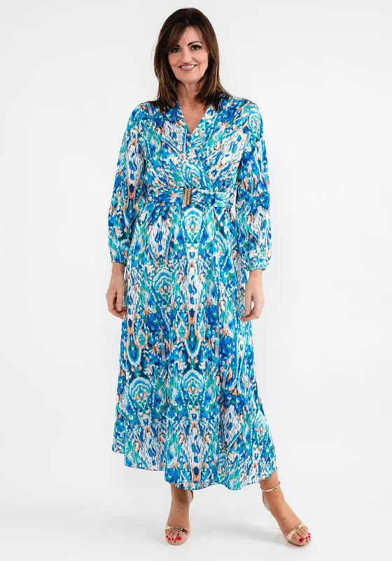 Seventy1 One Size Satin Print Wrap Maxi Dress, Blue Trendy Fit-and-Flare Maxi Dress