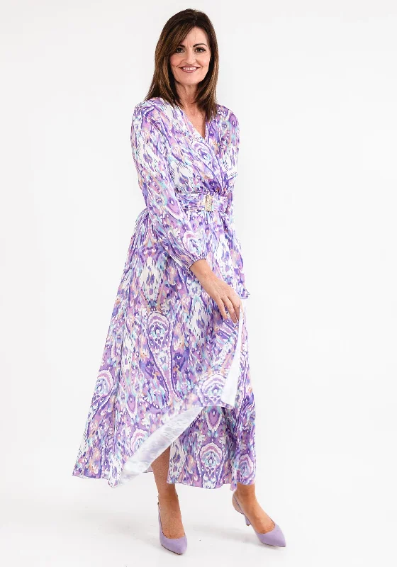 Seventy1 One Size Satin Print Wrap Maxi Dress, Lilac Fashionable Maxi Dress with Fringe